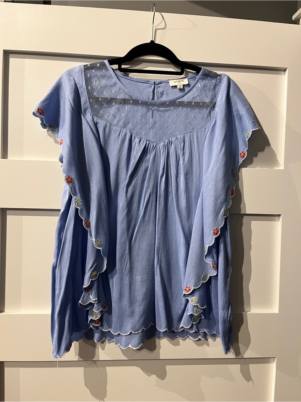 Umgee Light Blue Dot Mesh Yoke Blouse